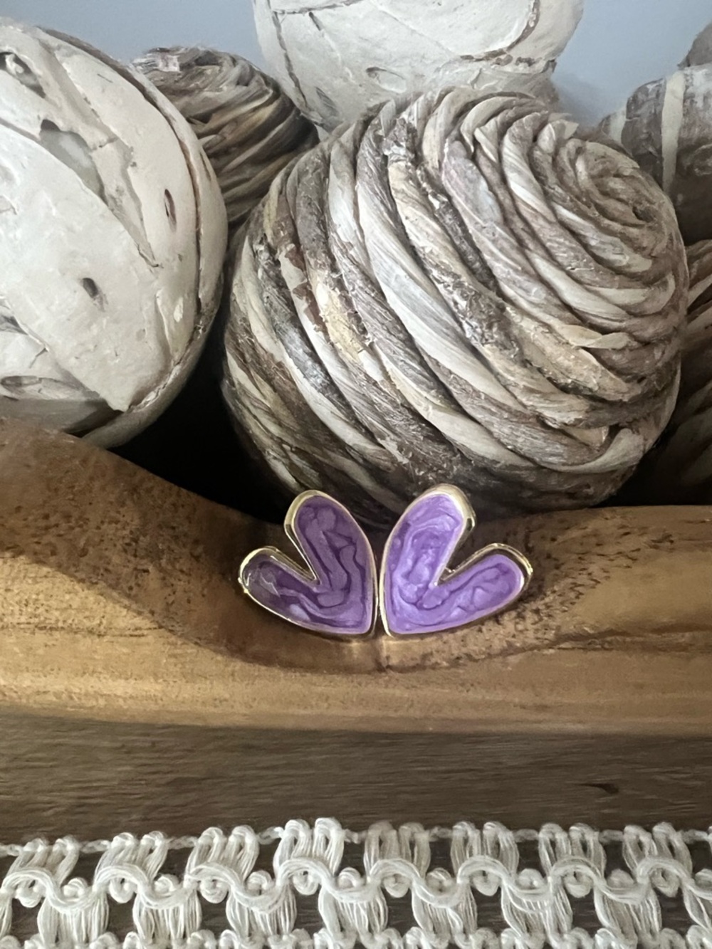 Purple Heart Petal Stud Earrings - Gold Trim